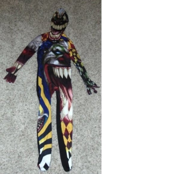 Zombie Clown Halloween Costume 10/12 Morphsuit Jumpsuit 1 Pc Hooded Footed Skin - Picture 4 of 7